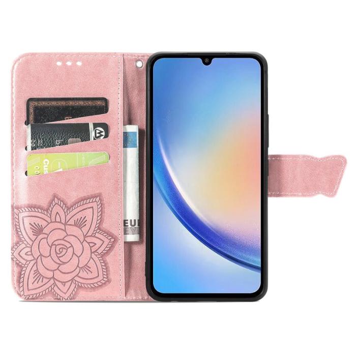 OEM - Samsung Galaxy A35 5G Fodral Äkta Läder Fjärilsmönster - Roséguld
