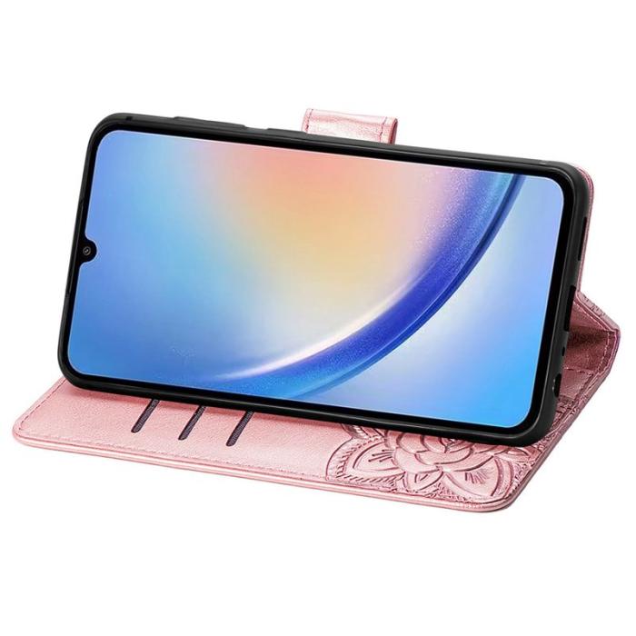 OEM - Samsung Galaxy A35 5G Fodral Äkta Läder Fjärilsmönster - Roséguld