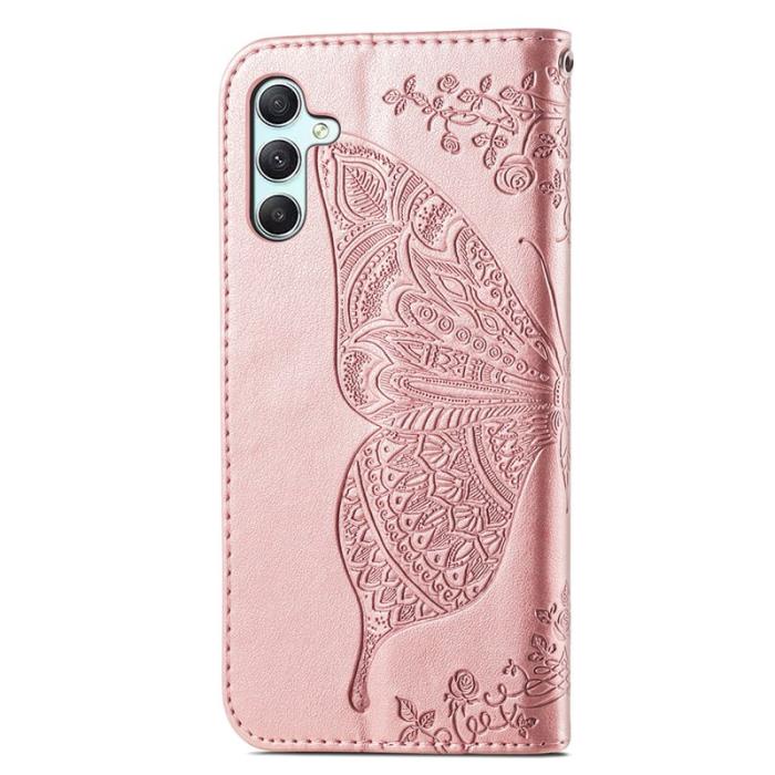 OEM - Samsung Galaxy A35 5G Fodral Äkta Läder Fjärilsmönster - Roséguld