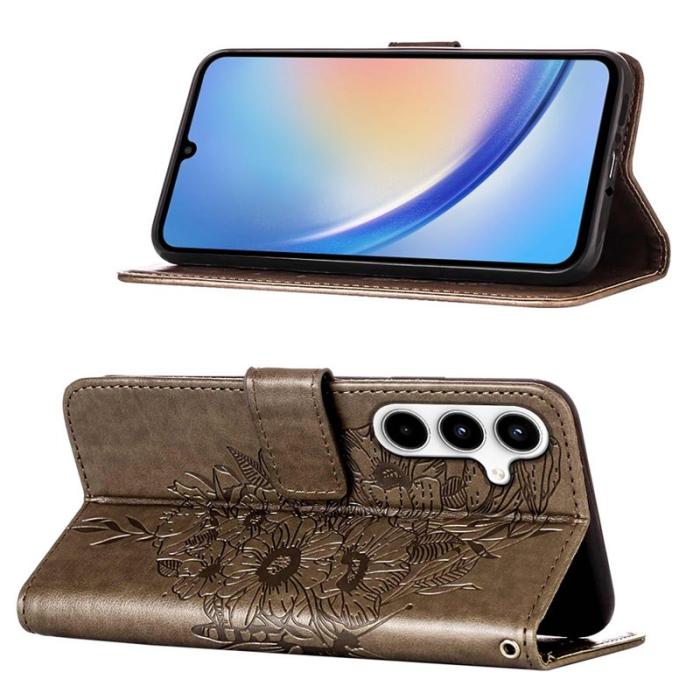 OEM - Samsung Galaxy A35 5G Fodral Äkta Läder Fjärilsprickar - Grå