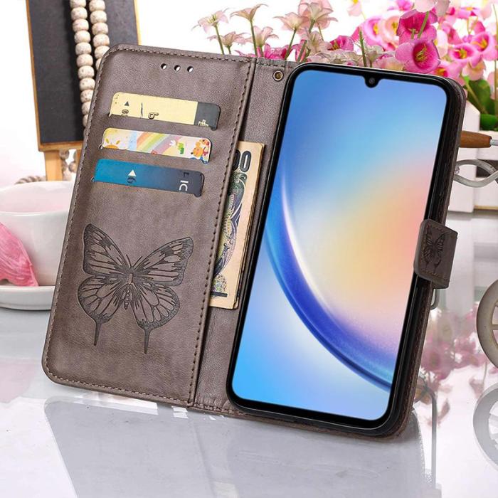 OEM - Samsung Galaxy A35 5G Fodral Äkta Läder Fjärilsprickar - Grå