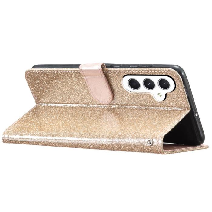 OEM - Samsung Galaxy A35 5G Fodral Äkta Läder Glitter Kortfickor - Guld