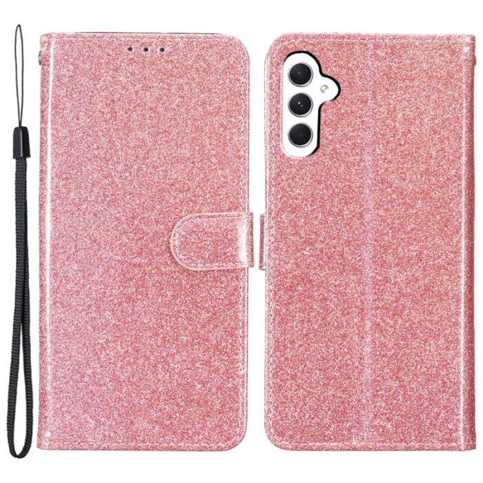OEM - Samsung Galaxy A35 5G Fodral Äkta Läder Glitter Kortfickor - Roséguld