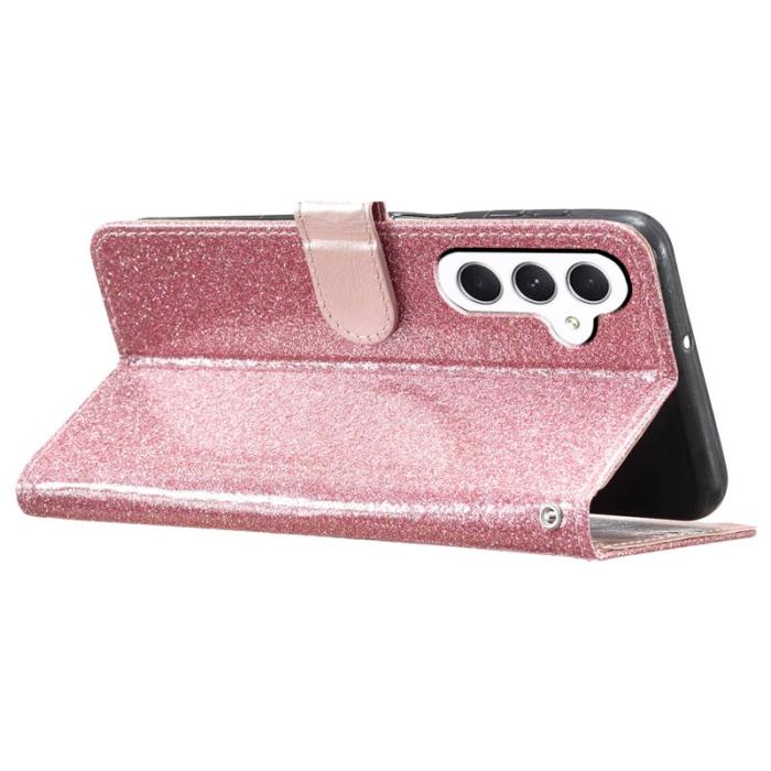 OEM - Samsung Galaxy A35 5G Fodral Äkta Läder Glitter Kortfickor - Roséguld