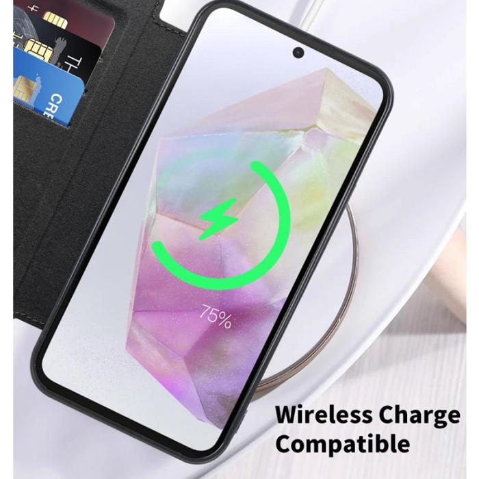 OEM - Samsung Galaxy A35 5G Fodral Äkta Läder Magnetiskt - Svartgrön