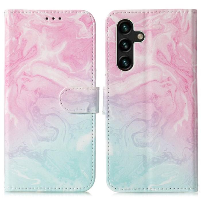 OEM - Samsung Galaxy A35 5G Fodral Äkta Läder Mönstertryckt - Rosa Grön Marmor