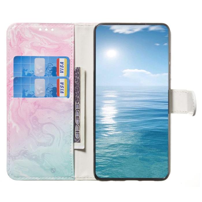 OEM - Samsung Galaxy A35 5G Fodral Äkta Läder Mönstertryckt - Rosa Grön Marmor