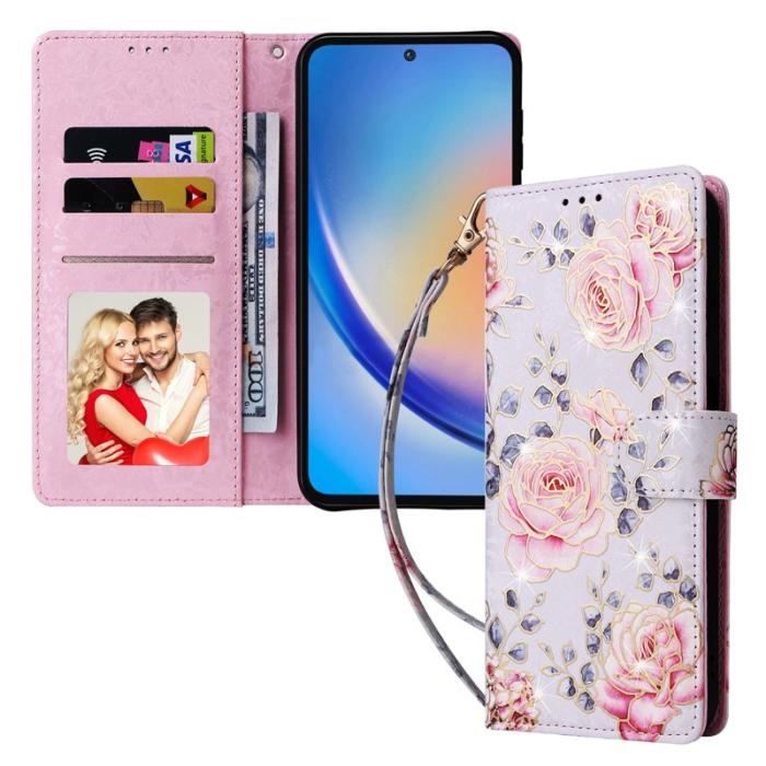 OEM - Samsung Galaxy A35 5G Fodral Äkta Läder RFID Skydd - Ros Blomma