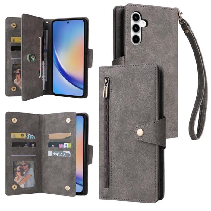 OEM - Samsung Galaxy A35 5G Fodral Äkta Läder Rivet Dekor - Grå