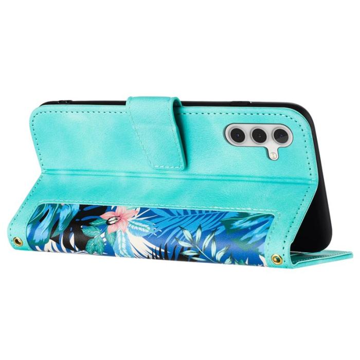 OEM - Samsung Galaxy A35 5G Fodral Äkta Läder Ställ Blommönster - Grön