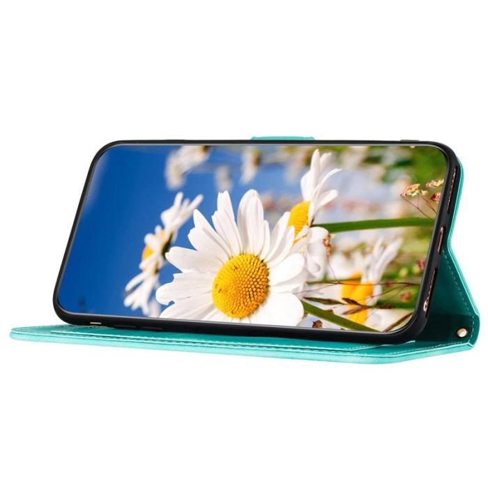 OEM - Samsung Galaxy A35 5G Fodral Äkta Läder Ställ Blommönster - Grön