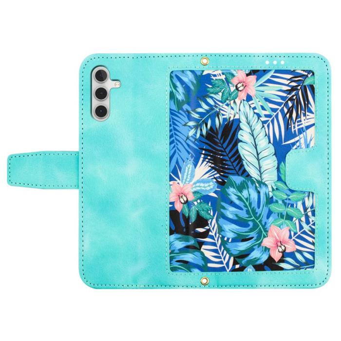 OEM - Samsung Galaxy A35 5G Fodral Äkta Läder Ställ Blommönster - Grön