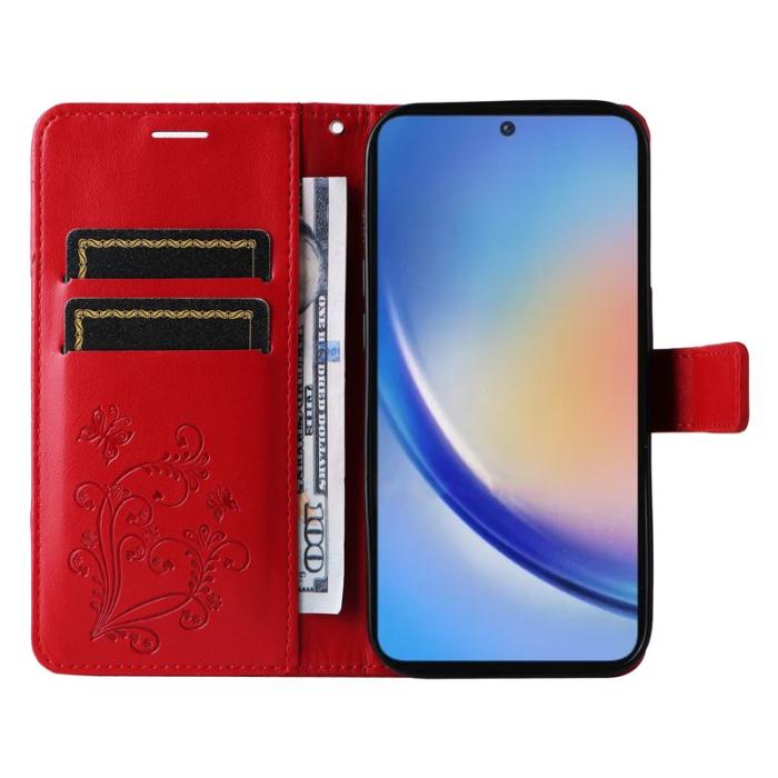 OEM - Samsung Galaxy A35 5G Fodral Blommönster Äkta Läder - Röd