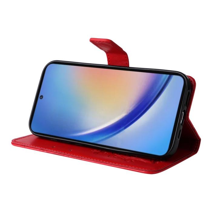 OEM - Samsung Galaxy A35 5G Fodral Blommönster Äkta Läder - Röd