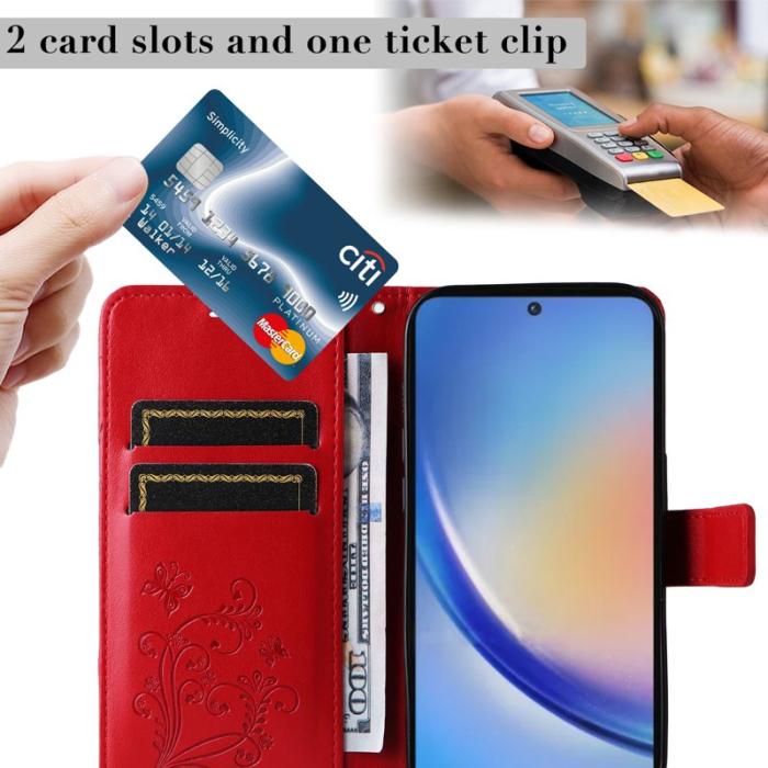 OEM - Samsung Galaxy A35 5G Fodral Blommönster Äkta Läder - Röd