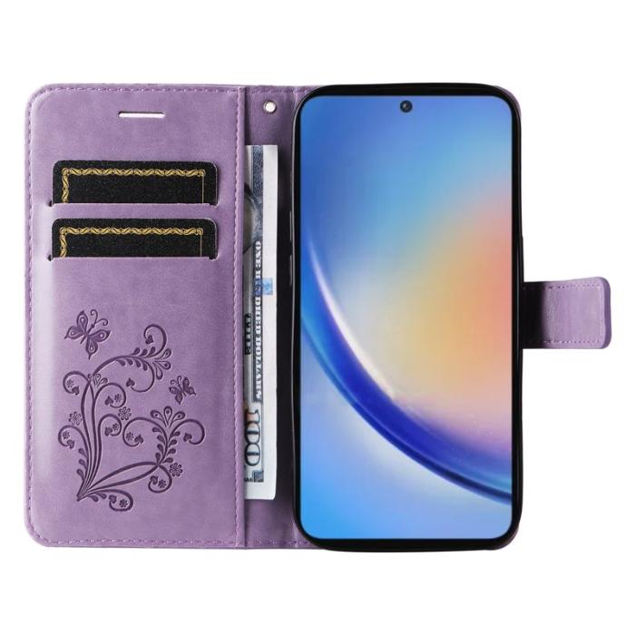 OEM - Samsung Galaxy A35 5G Fodral Blommönster Impräntat Äkta Läder - Lila