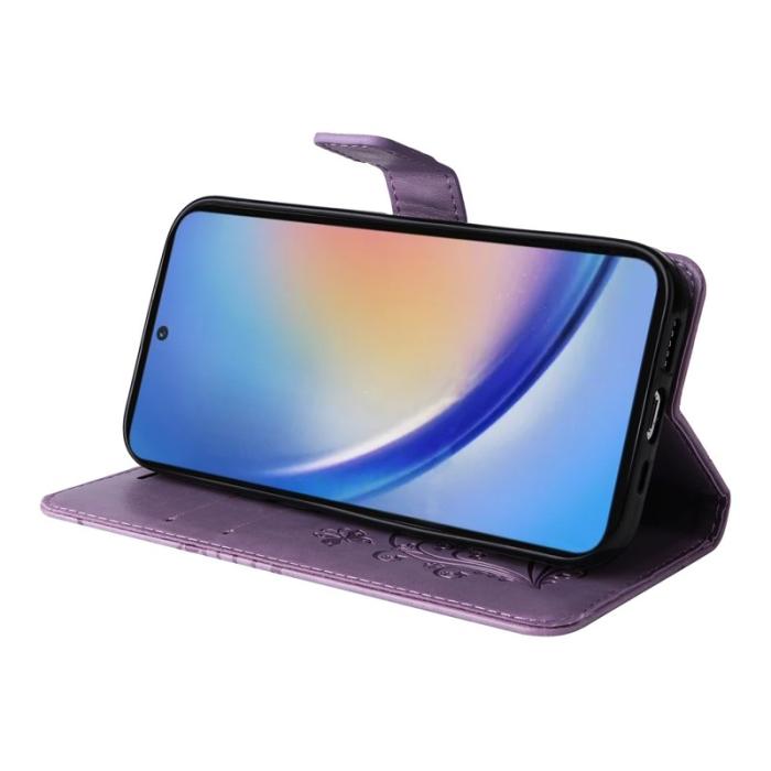 OEM - Samsung Galaxy A35 5G Fodral Blommönster Impräntat Äkta Läder - Lila
