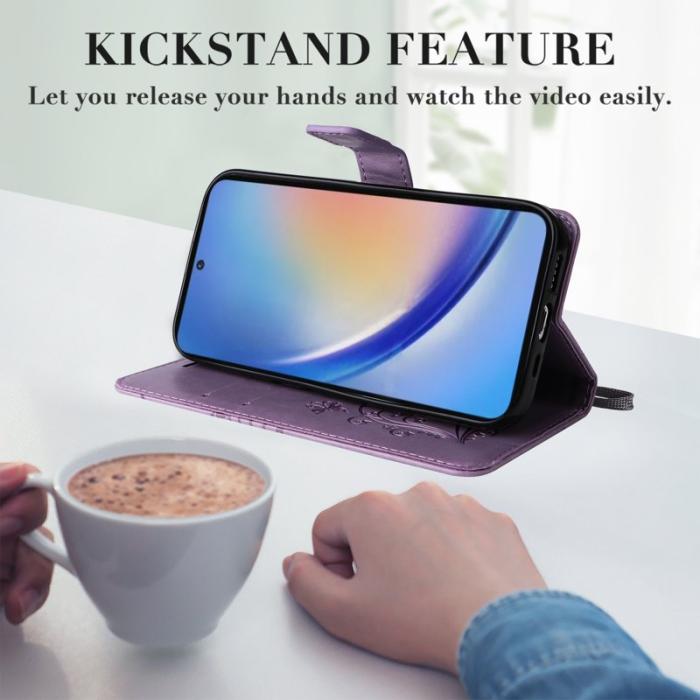 OEM - Samsung Galaxy A35 5G Fodral Blommönster Impräntat Äkta Läder - Lila