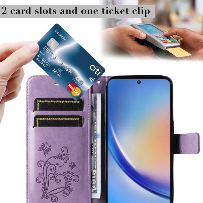 OEM - Samsung Galaxy A35 5G Fodral Blommönster Impräntat Äkta Läder - Lila