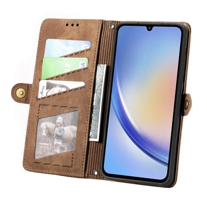 OEM - Samsung Galaxy A35 5G Fodral Geometriska Linjer Äkta Läder - Brun