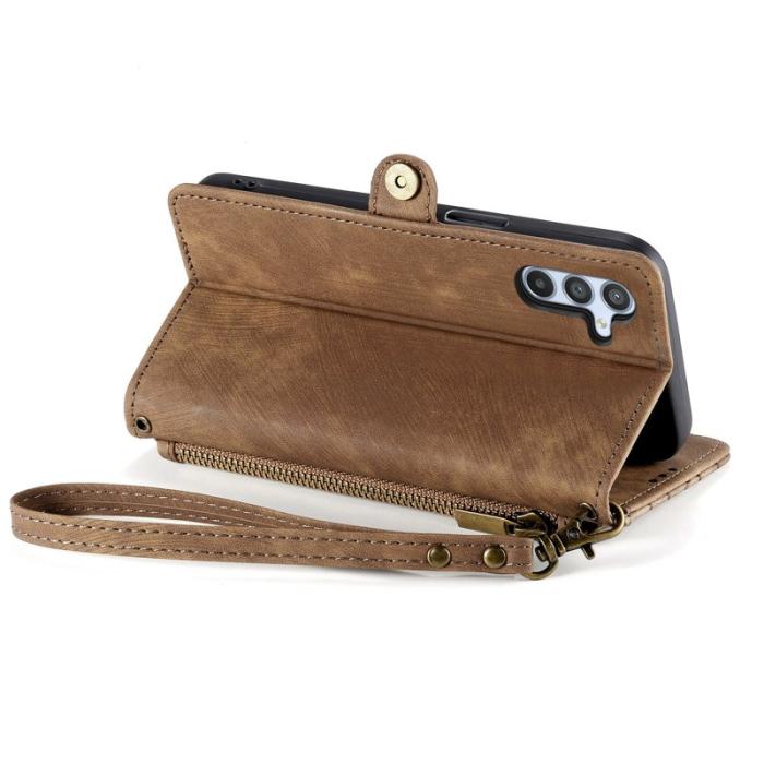 OEM - Samsung Galaxy A35 5G Fodral Geometriska Linjer Äkta Läder - Brun