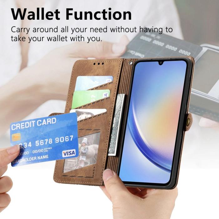 OEM - Samsung Galaxy A35 5G Fodral Geometriska Linjer Äkta Läder - Brun