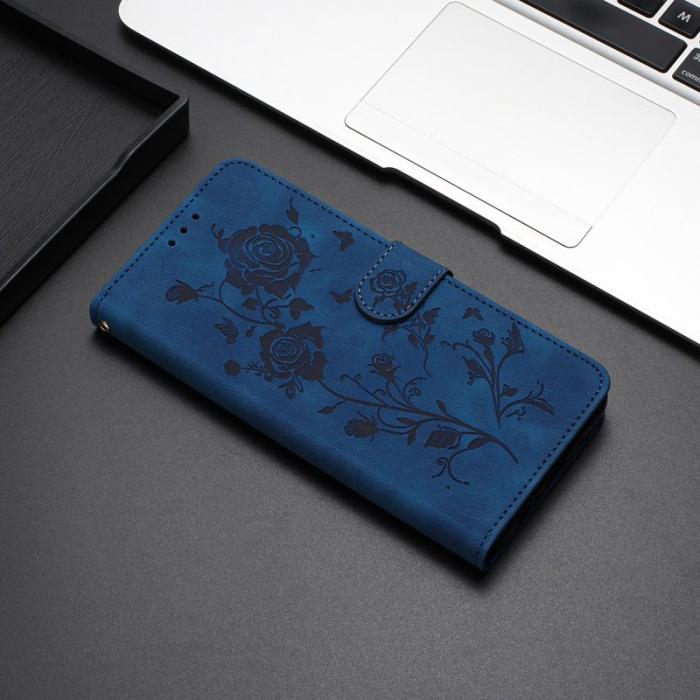 OEM - Samsung Galaxy A35 5G Fodral Konstläder Rosmönster - Mörkblå