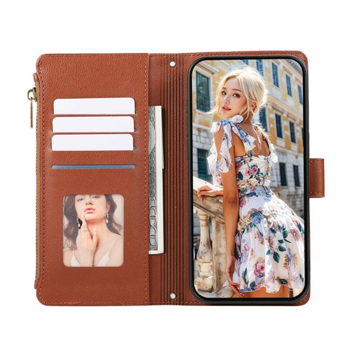 OEM - Samsung Galaxy A35 5G Fodral Med Kortfack Dragkedja Äkta Läder - Brun