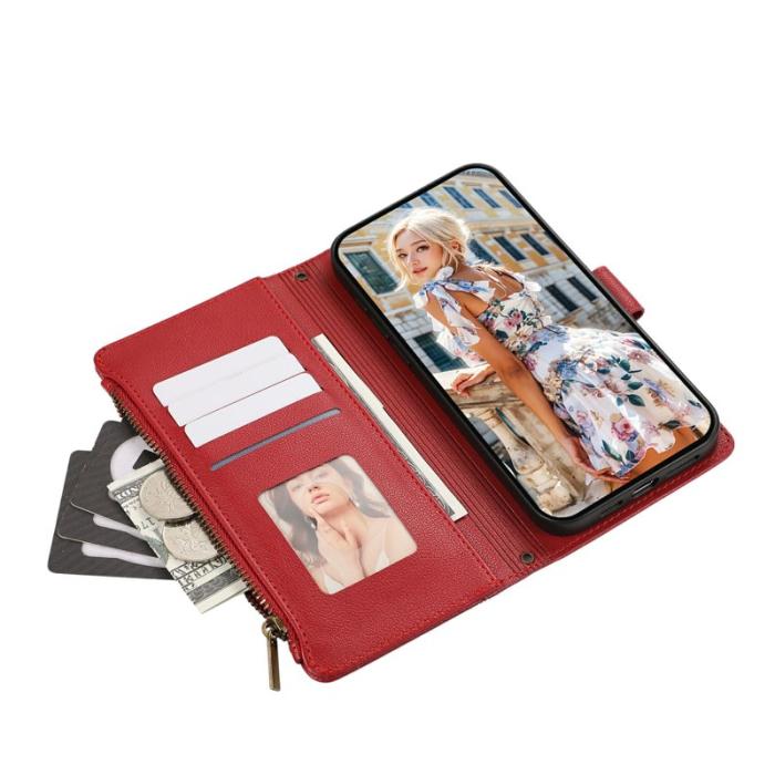 OEM - Samsung Galaxy A35 5G Fodral Med Kortfack Dragkedja Äkta Läder - Röd