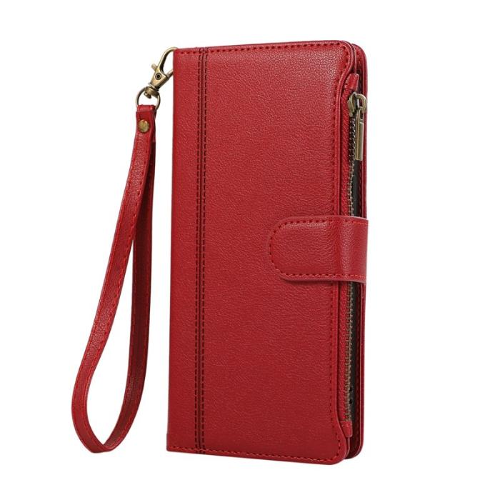 OEM - Samsung Galaxy A35 5G Fodral Med Kortfack Dragkedja Äkta Läder - Röd