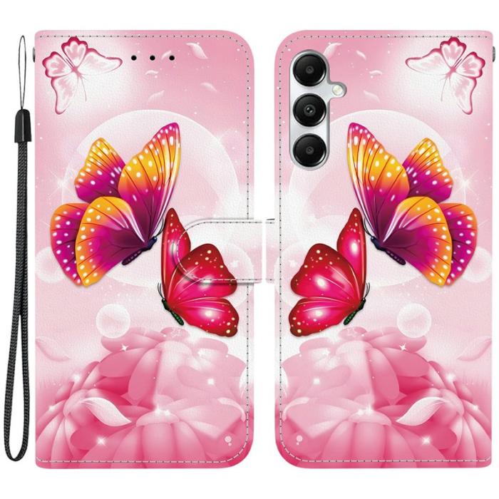 OEM - Samsung Galaxy A35 5G Fodral Mönstertryck Anti-Drop Äkta Läder - Rosa Fjäril