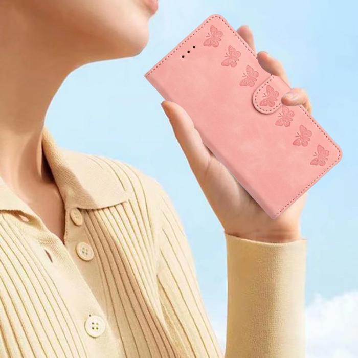 OEM - Samsung Galaxy A35 5G Fodral PU Läder Ställ Butterfly - Rosa