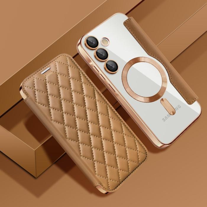 OEM - Samsung Galaxy A35 5G Fodral Rhombus Äkta Läder Magnetiskt - Guld