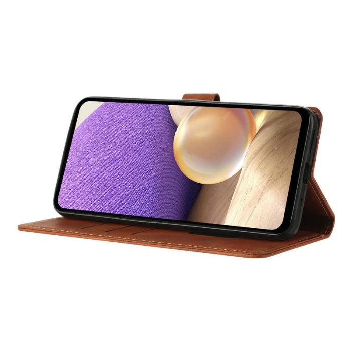 OEM - Samsung Galaxy A35 5G Fodral Ställ Impränerad Triangelmönster Äkta Läder - Brun