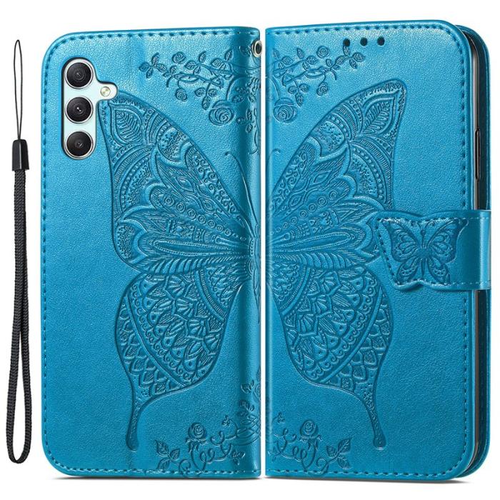 OEM - Samsung Galaxy A35 5G Skal Äkta Läder Fjärilsmönster - Blå
