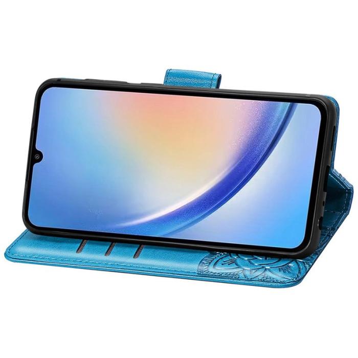 OEM - Samsung Galaxy A35 5G Skal Äkta Läder Fjärilsmönster - Blå