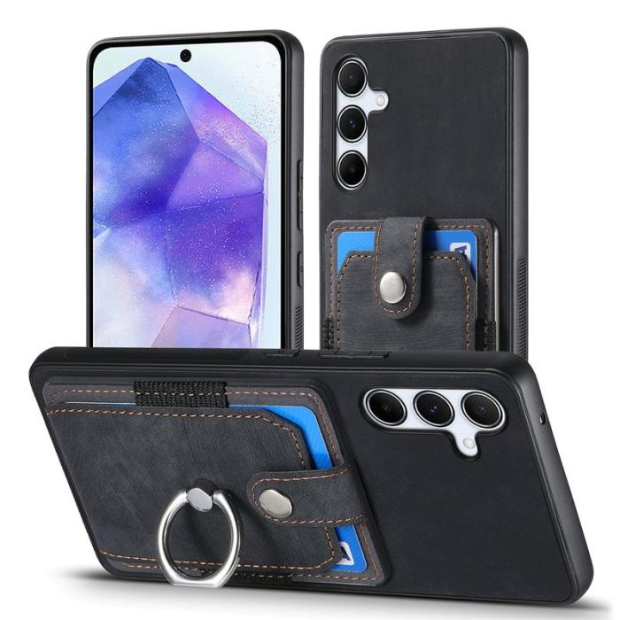 OEM - Samsung Galaxy A35 5G Skal Äkta Läder Med Kortfack Ställ - Svart
