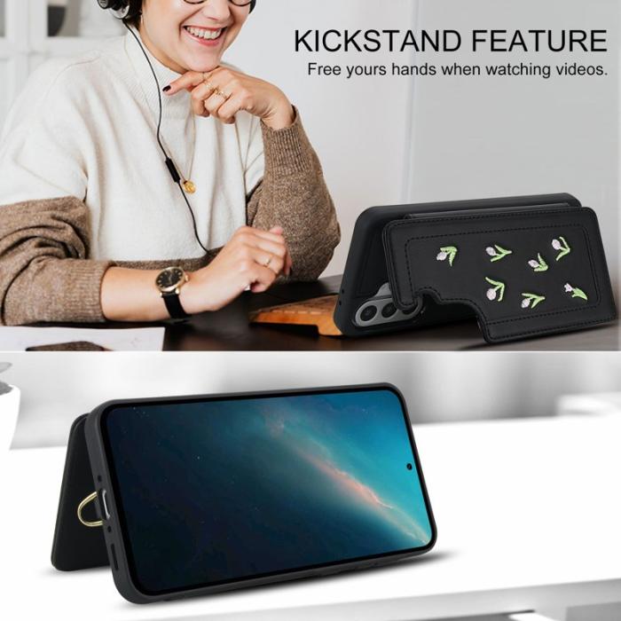 OEM - Samsung Galaxy A35 5G Skal Broderade Tulpaner Konstläder - Svart
