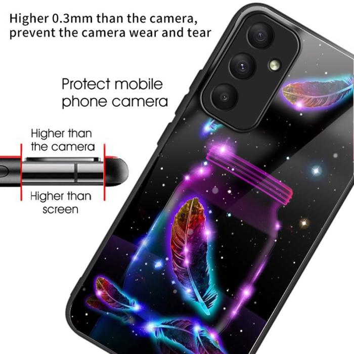 OEM - Samsung Galaxy A35 5G Skal Härdat Glas Mönster - Fluorescerande Fjäder