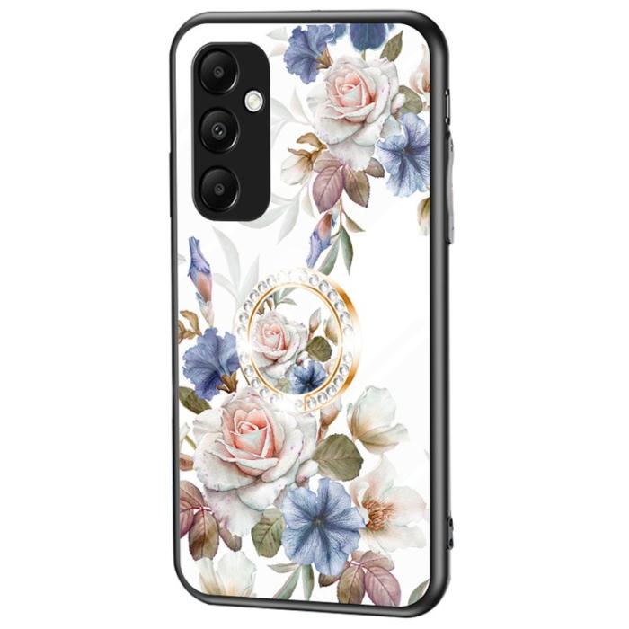 OEM - Samsung Galaxy A35 5G Skal Härdat Glas Ring Ställ - Vit Blomma