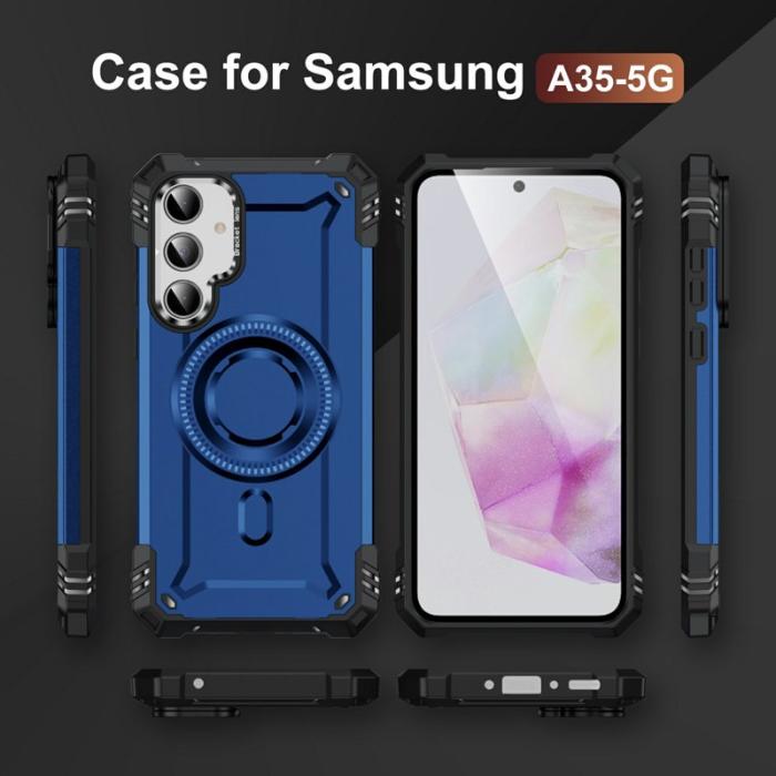 OEM - Samsung Galaxy A35 5G Skal Magnetiskt Ställ PC + TPU Stötskydd - Blå