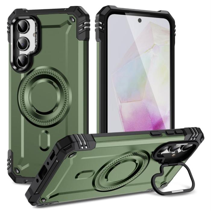 OEM - Samsung Galaxy A35 5G Skal Metall Linsskydd Kickstand Plast - Armégrön