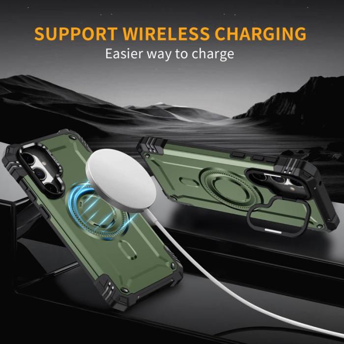 OEM - Samsung Galaxy A35 5G Skal Metall Linsskydd Kickstand Plast - Armégrön