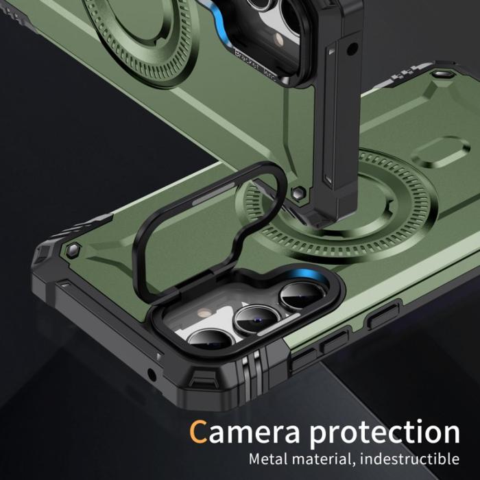 OEM - Samsung Galaxy A35 5G Skal Metall Linsskydd Kickstand Plast - Armégrön