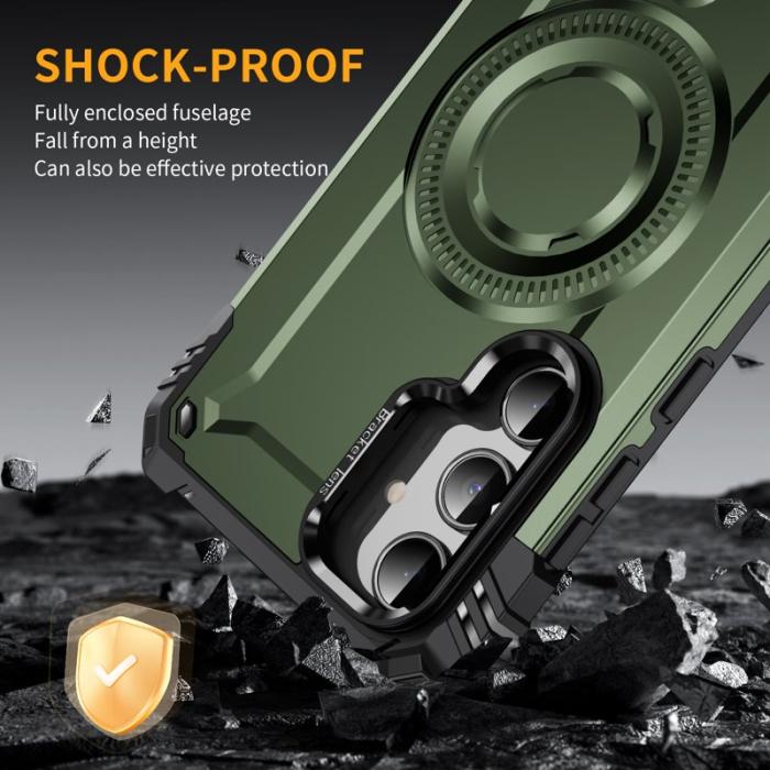 OEM - Samsung Galaxy A35 5G Skal Metall Linsskydd Kickstand Plast - Armégrön