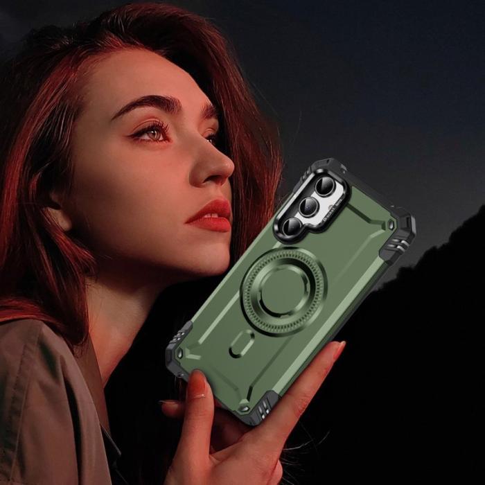 OEM - Samsung Galaxy A35 5G Skal Metall Linsskydd Kickstand Plast - Armégrön