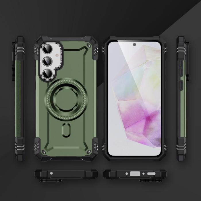 OEM - Samsung Galaxy A35 5G Skal Metall Linsskydd Kickstand Plast - Armégrön