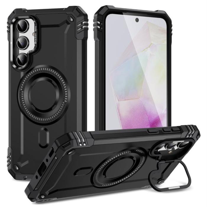 OEM - Samsung Galaxy A35 5G Skal Metall Linsskydd Kickstand Plast - Svart