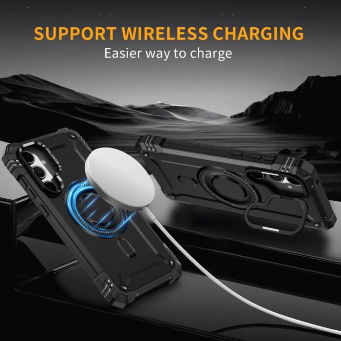 OEM - Samsung Galaxy A35 5G Skal Metall Linsskydd Kickstand Plast - Svart