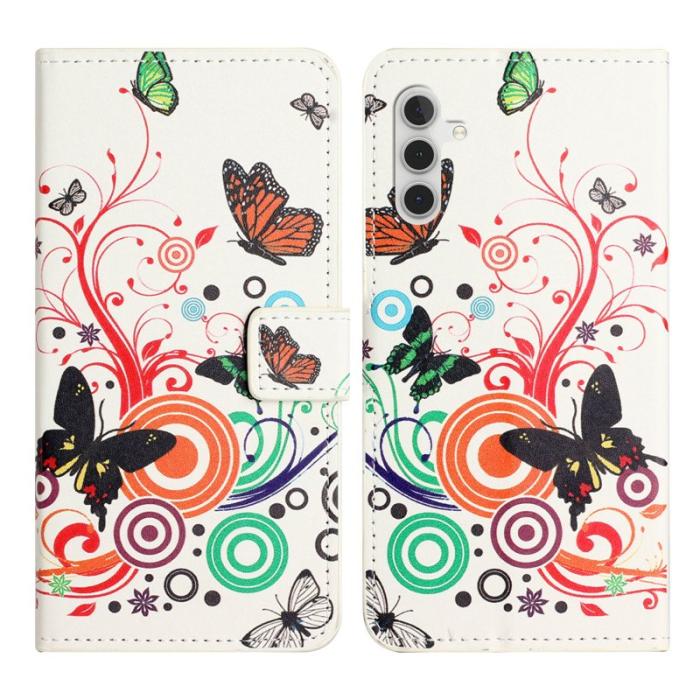 OEM - Samsung Galaxy A35 5G Skal Mönster Fällbart Ställ Konstläder - Vit / Fjärilar